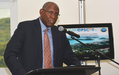 UVI President Dr. David Hall makes remarks at the VI-EPSCoR Award Announcement. 