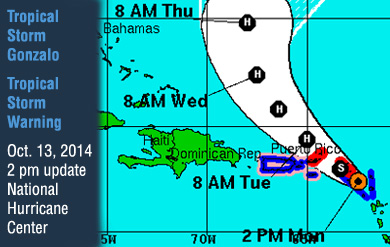 tropical storm gonzalo tracking map