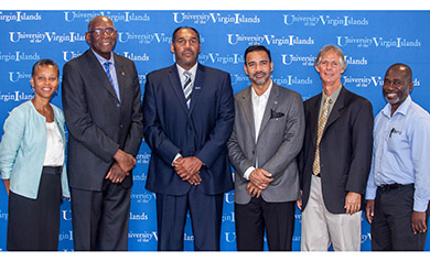 UVI Provost Dr. Camille McKayle, UVI President David Hall, Basketball Coach Jeff Jones , Athletic Director Wilberto Ramos,  UVI Soccer Coach Charles Long, and Track and Field Coach  Dale Joseph pose for a photo. 