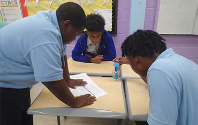 Students use a hand held meter which is one of the instruments provided to teachers to test specifically the pH of the water sample